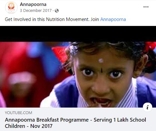 Annapoorna Breakfast Program reaches a milestone of serving 1,00,000 children – December 2017