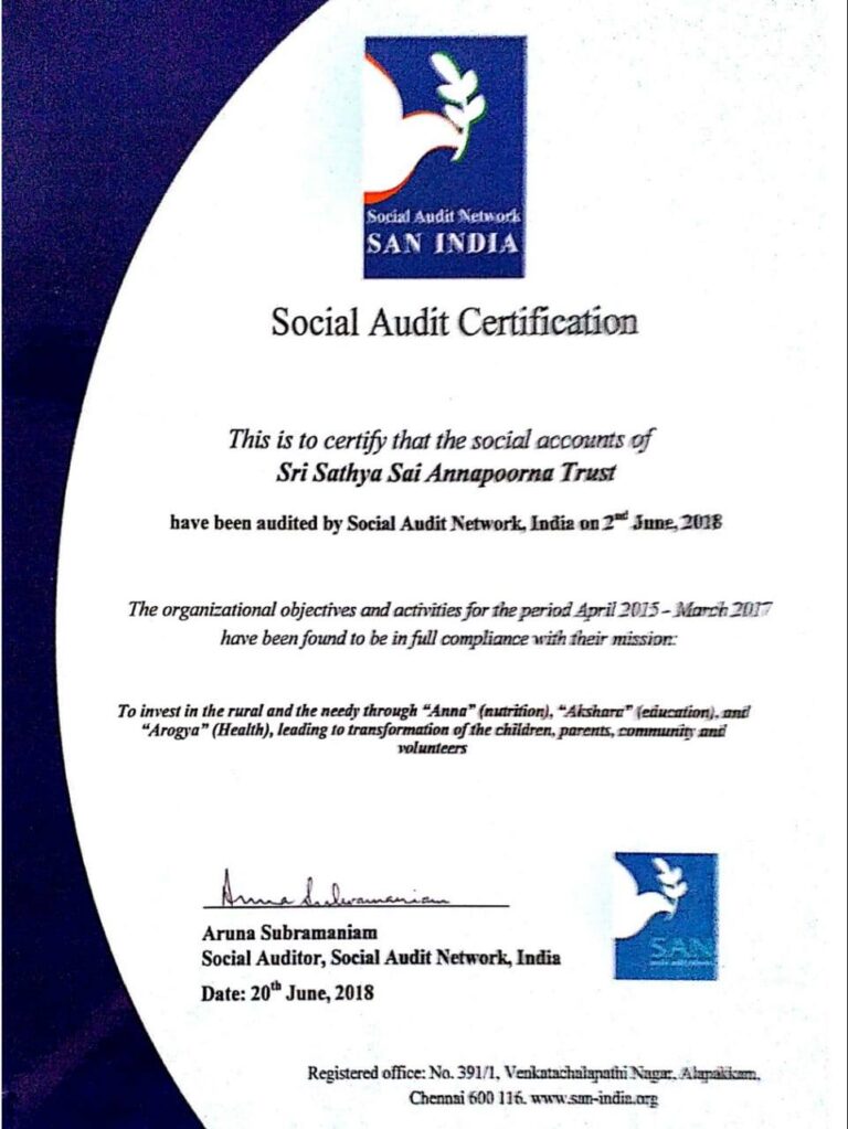 Annapoorna Trust conferred Social Audit Certification by the Social Audit Network – SAN INDIA – 20 June 2018