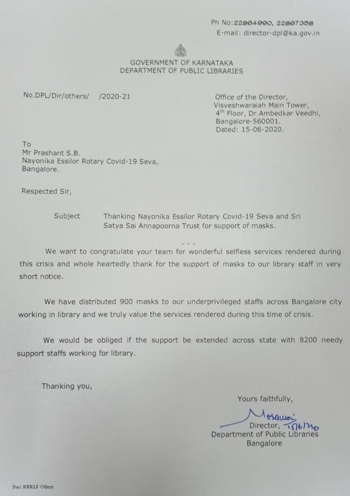 A letter of appreciation from the Department of Public Libraries, Govt. of Karnataka – 15 June 2020