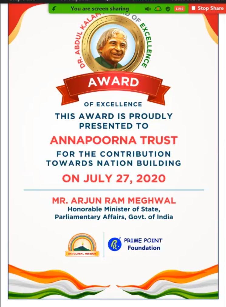 Dr. APJ Abdul Kalam Award of Excellence for Annapoorna Trust