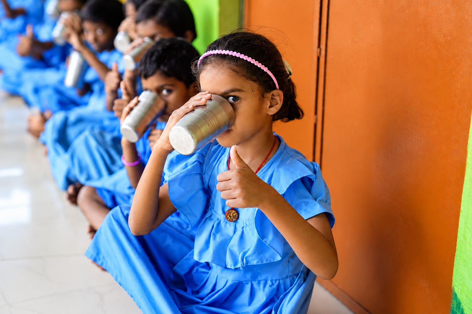 A schoolgirl drinking her morning nutrition supplement, thumbs up