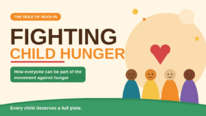 Illustrated cover with the headline "Fighting Child Hunger" beside four smiling children standing together under a red heart.