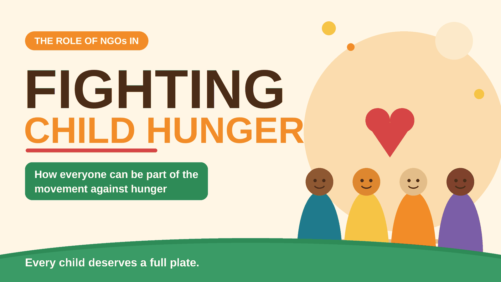 Illustrated cover with the headline "Fighting Child Hunger" beside four smiling children standing together under a red heart.