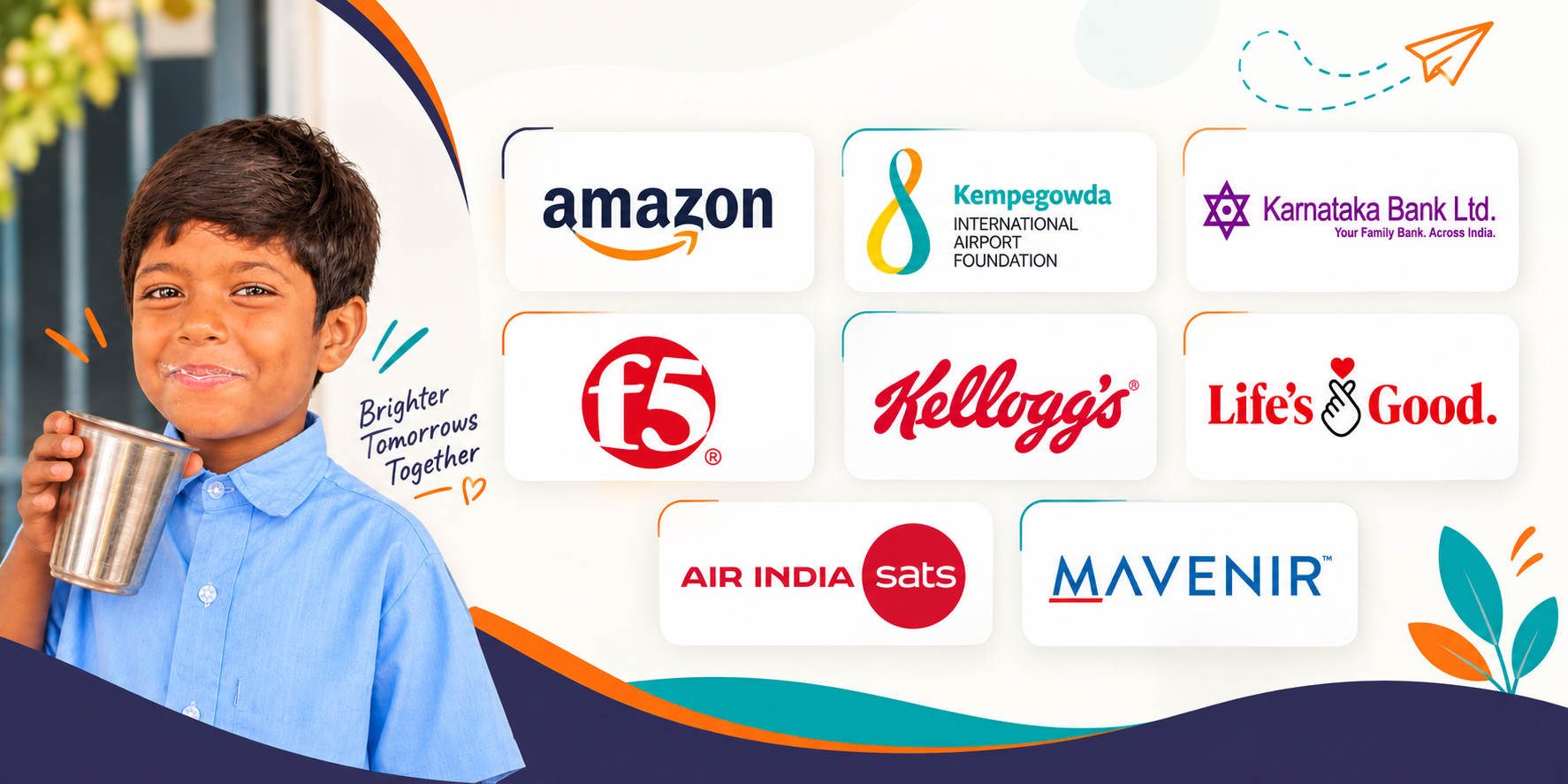 Our corporate partners: Amazon, Kempegowda International Airport Foundation, Karnataka Bank, F5, Kellogg's, LG, Air India SATS, Mavenir