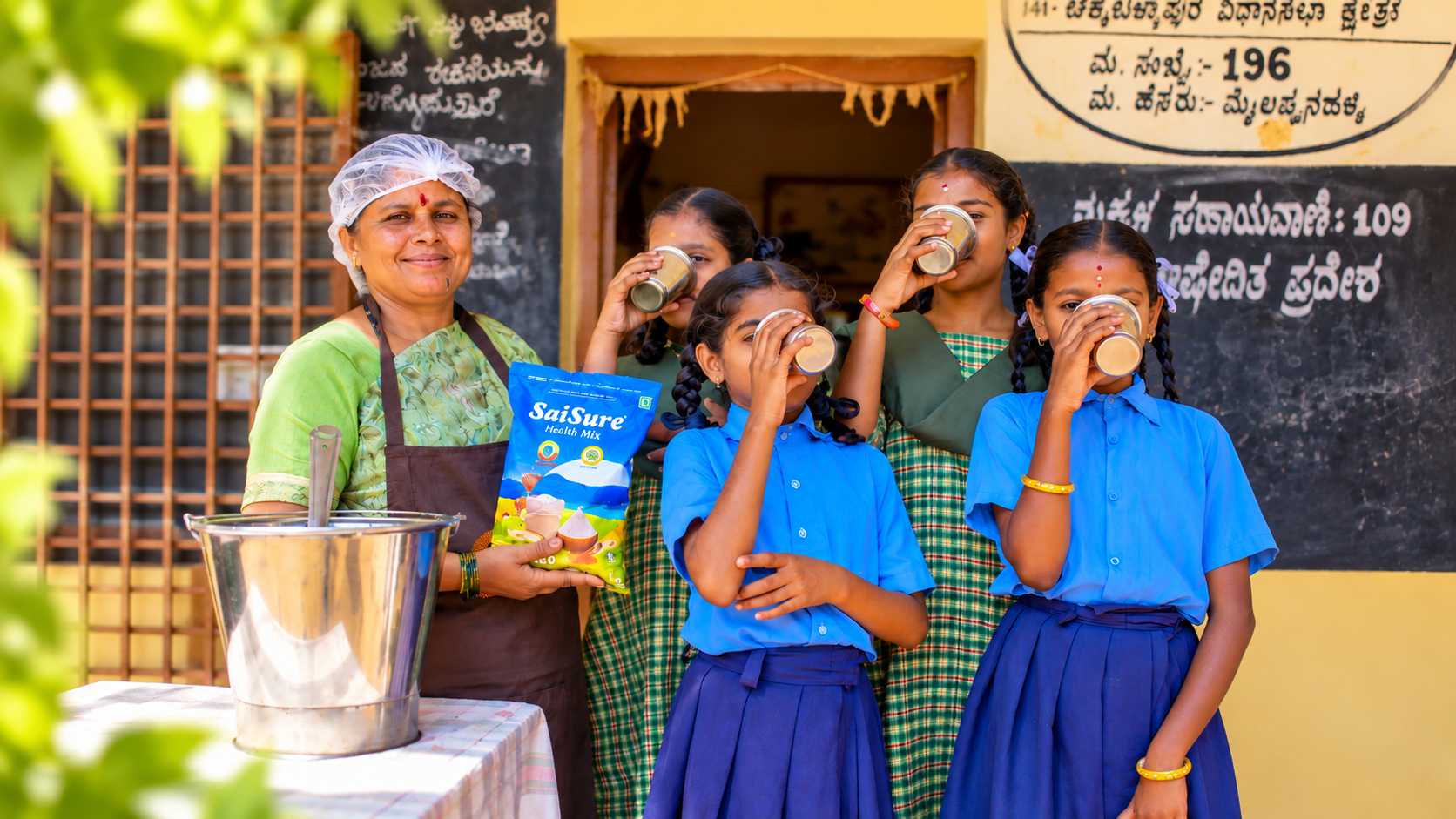 Volunteer distributing SaiSure Health Mix to school children every morning