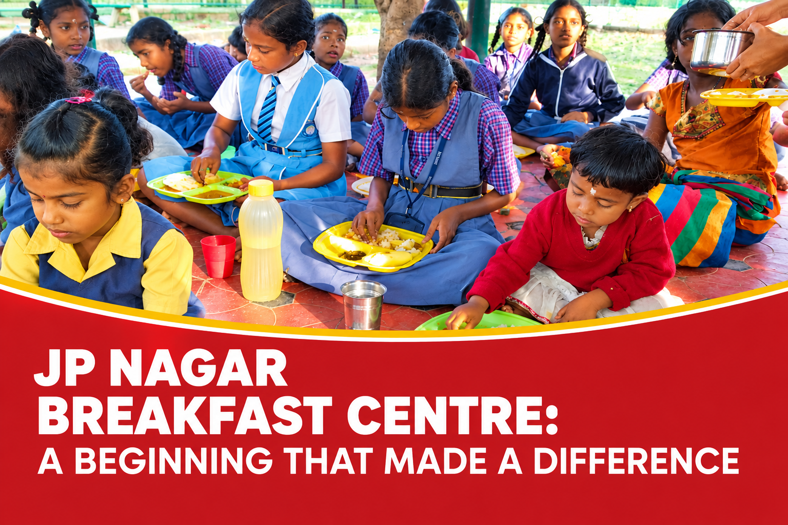 Schoolchildren enjoying meals together at Annapoorna’s JP Nagar Breakfast Centre.