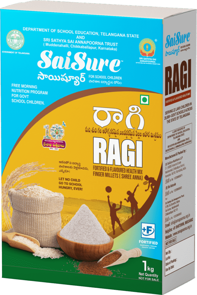 SaiSure Finger Millet (Ragi) fortified health mix pack beside a serving of the prepared drink.